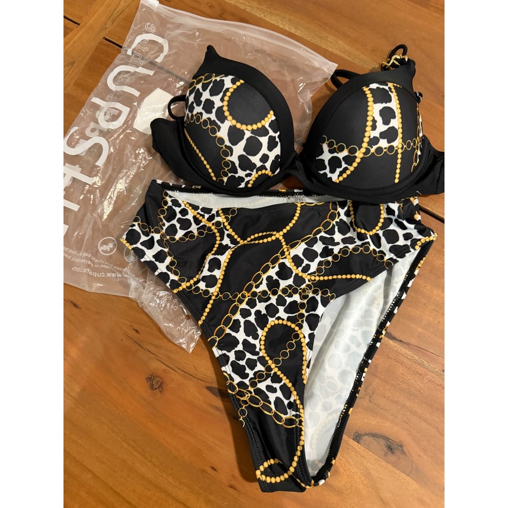 Cupshe Bikini Swimsuit Leopard Black Gold Chain High Waisted NEW Size Medium